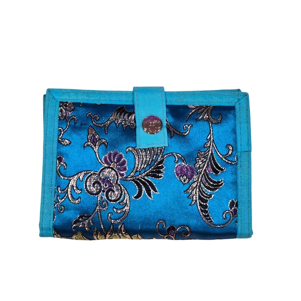 Vintage Blue Floral Brocade Satin Bifold Wallet Zippered Pockets Turquoise